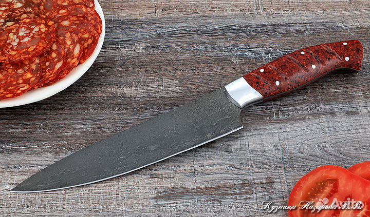 Кухонный нож № 9 сталь Х12мф рукоять акрил красный