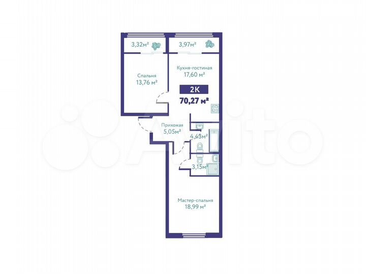 2-к. квартира, 70,3 м², 1/9 эт.
