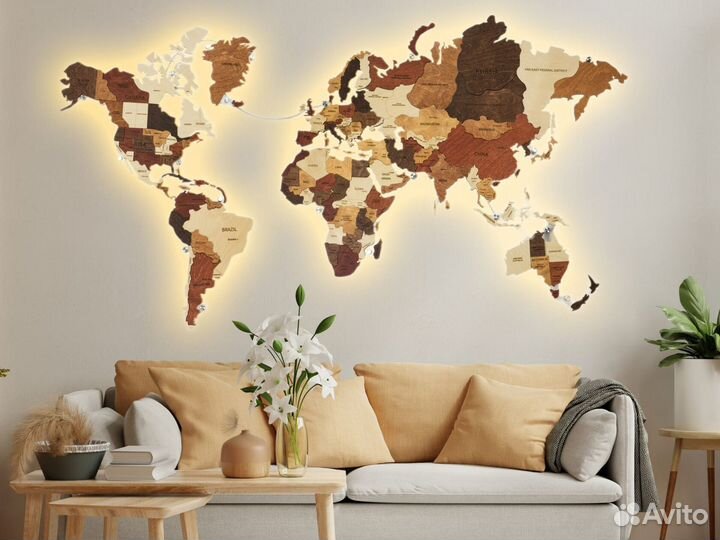 Деревянная карта мира с подсветкой