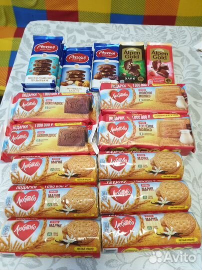 Альпен. Барни. Макароны. Печенье. Сок