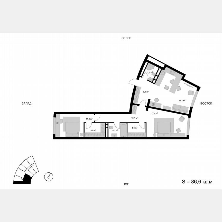 3-к. квартира, 86,6 м², 15/17 эт.