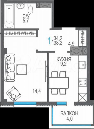 1-к. квартира, 38,2 м², 8/9 эт.