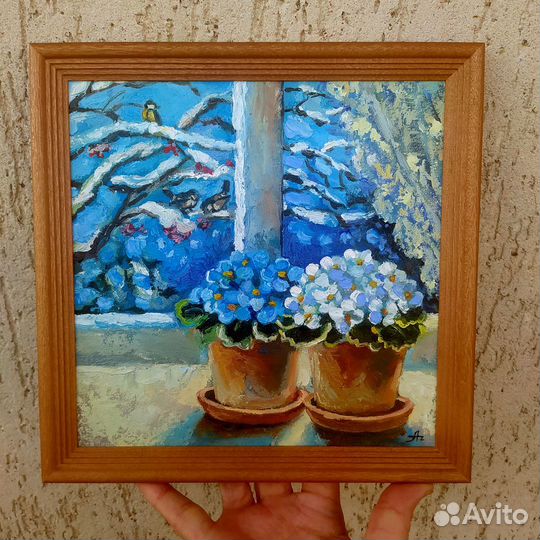 Картина Фиалки на окне масло, холст 20х20 см