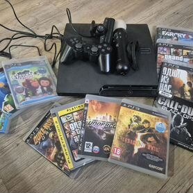 Приставка PS3 + диски,контроллер движ,джостик