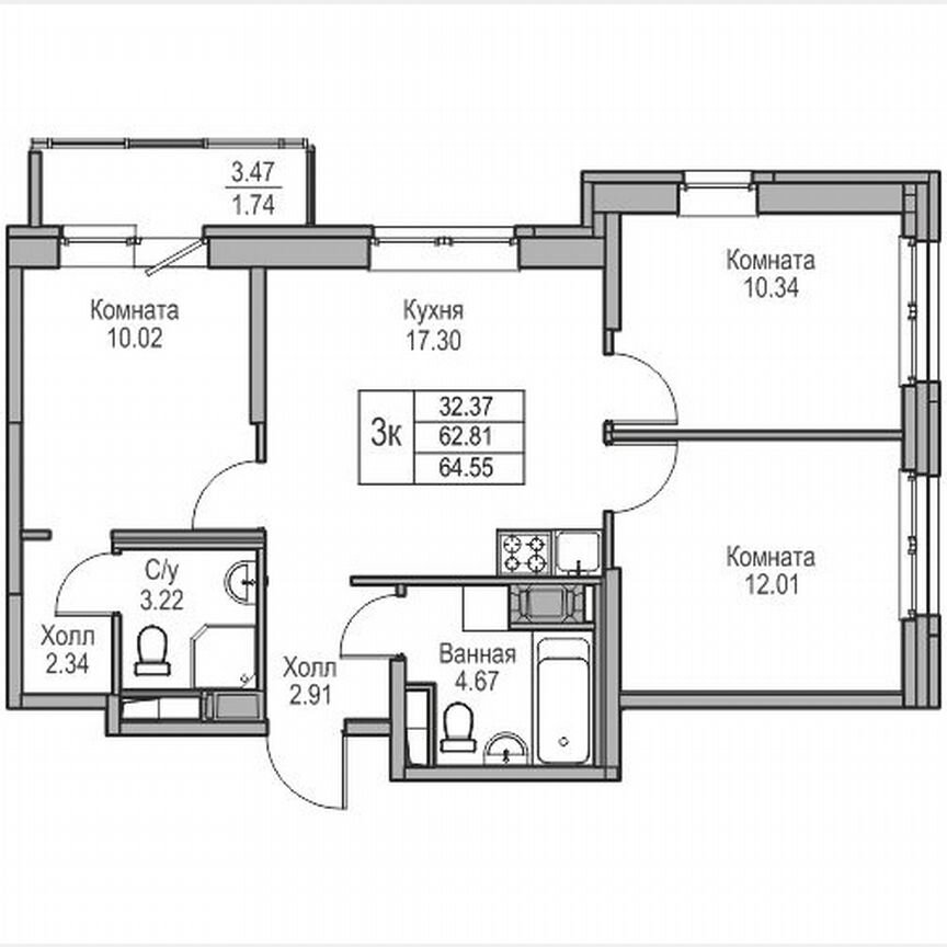 3-к. квартира, 64,6 м², 7/23 эт.
