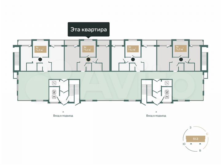 2-к. квартира, 77,3 м², 1/4 эт.