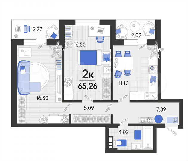 2-к. квартира, 65,3 м², 6/7 эт.
