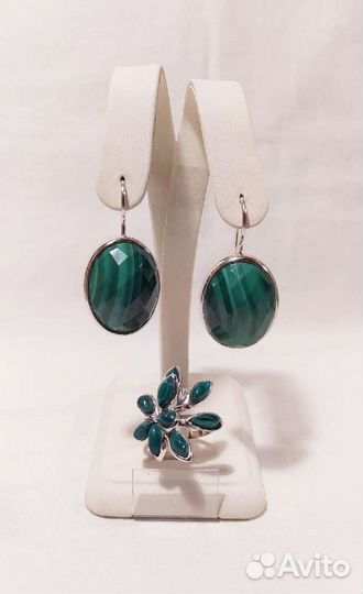 Серьги и кольцо с малахитом, 925(кт)