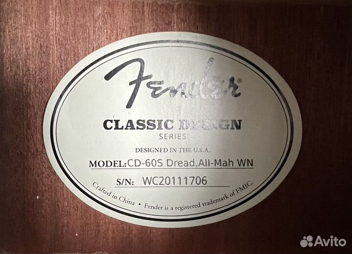 Fender CD-60S dread ALL-MAH WN акустическая гитара