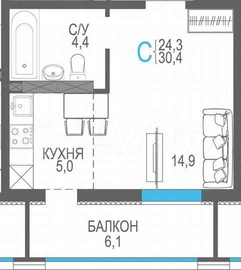 1-к. квартира, 30,4 м², 7/9 эт.