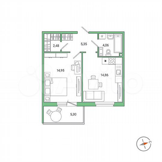 1-к. квартира, 43,3 м², 7/9 эт.