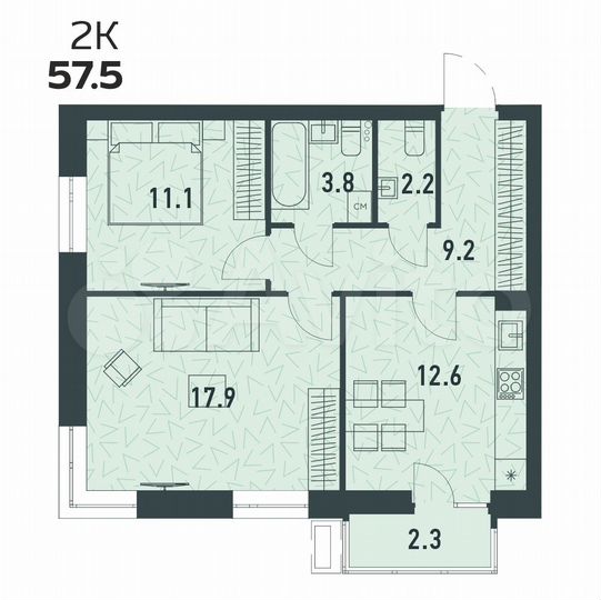 2-к. квартира, 57,5 м², 2/16 эт.