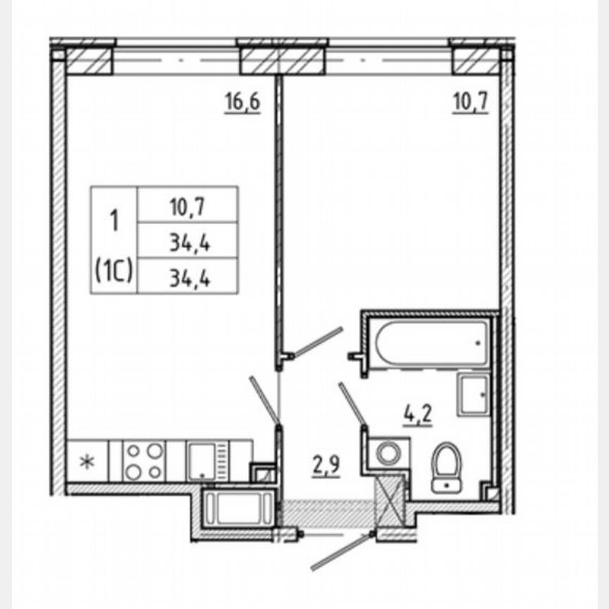1-к. квартира, 34,4 м², 7/12 эт.