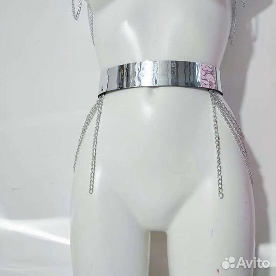 Пояс зеркальный широкий серебряный футуризм