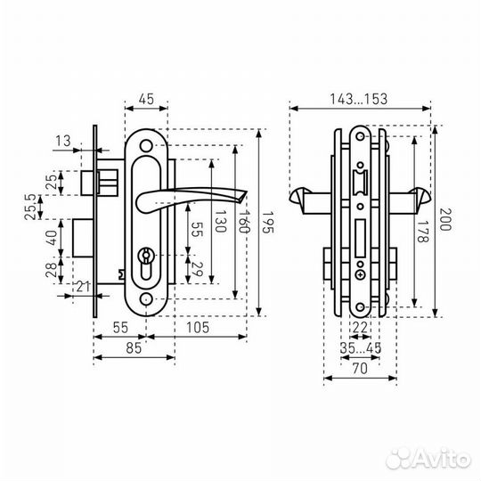 Замок врезной птимаш 3В4-3.07 синий муар, цилиндро