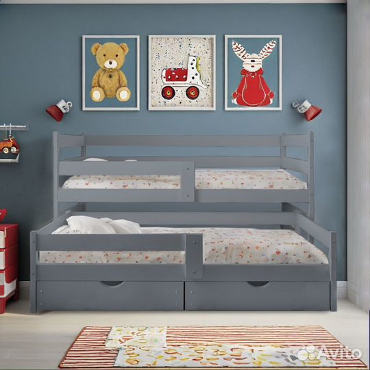 Кровать серая для 2-х детей из березы