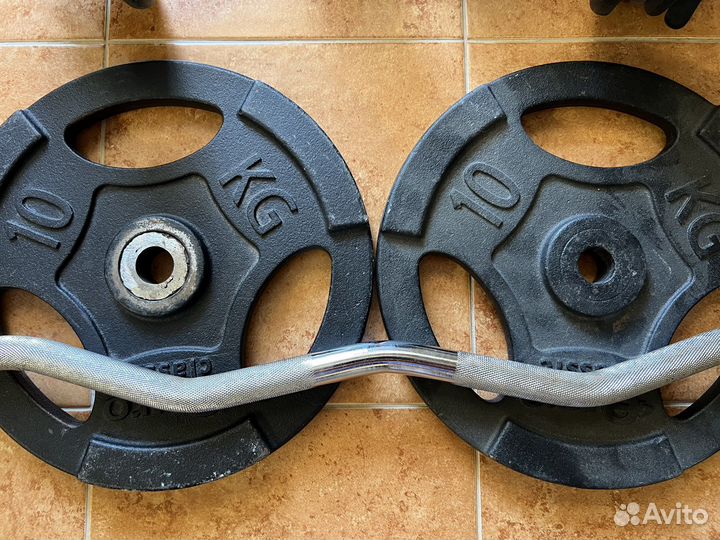 Гантели разборные и кривой гриф с блинами