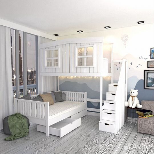 Кровать трансформер трехместная, двухъярусная