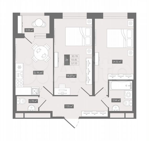 2-к. квартира, 57,3 м², 6/12 эт.