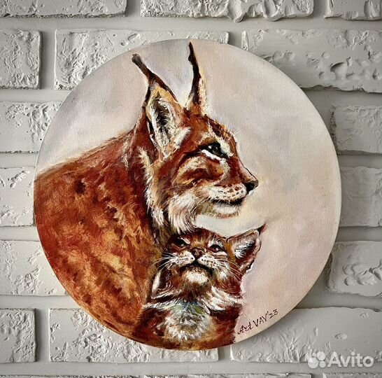 Картина маслом Две рыси Круглый холст 40 см