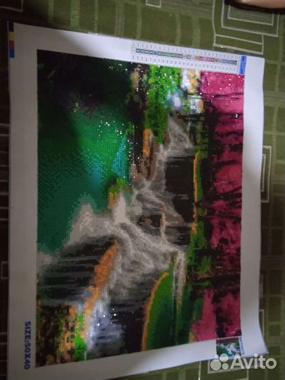 Водопад и Сакура, алмазная мозаика