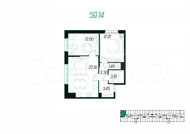 2-к. квартира, 59,7 м², 5/10 эт.