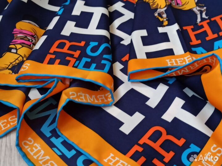 Платок синий Hermes ручной край 5цв
