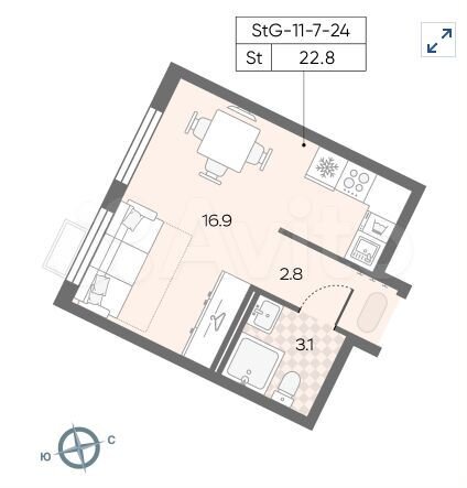 Квартира-студия, 22,7 м², 6/24 эт.