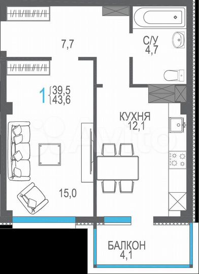 1-к. квартира, 43,6 м², 3/9 эт.