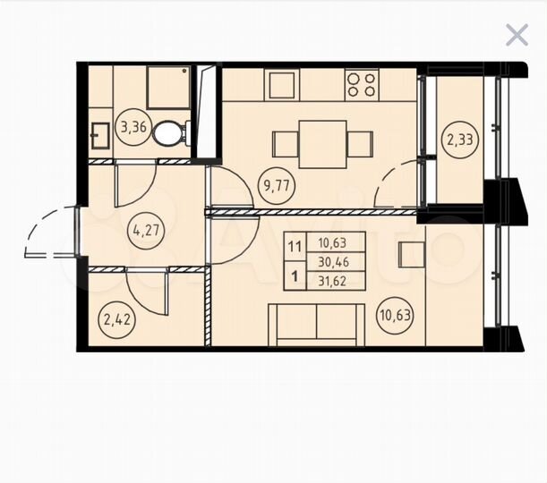 1-к. квартира, 31,6 м², 4/22 эт.