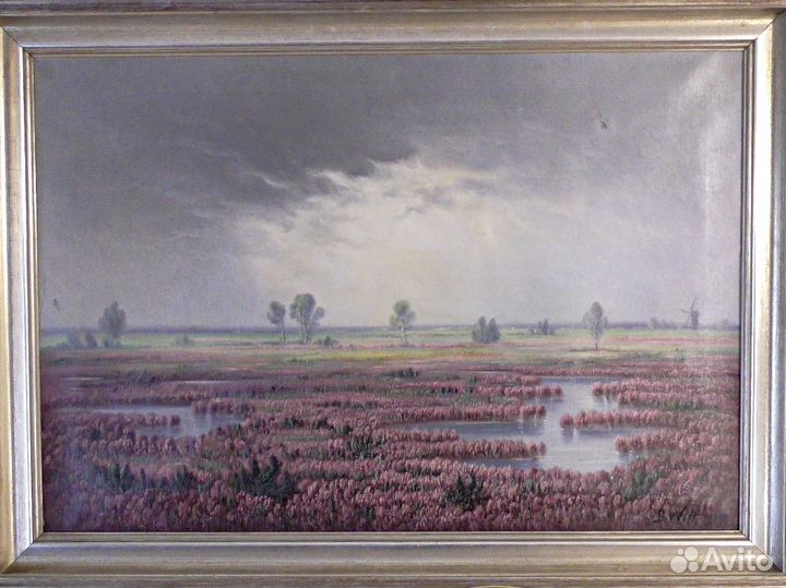 Заливной цветущий вересковый луг.Картина.Германия