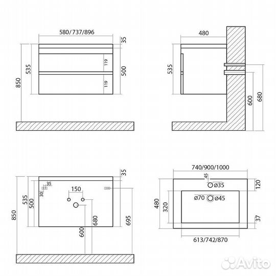 Тумба под раковину Art&Max family-750-2c-so-cv Се