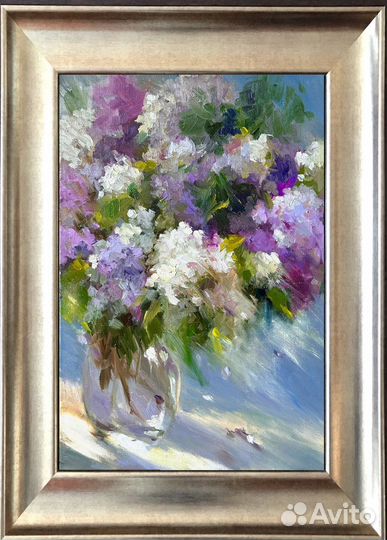 Картина маслом «Сирень на голубом»