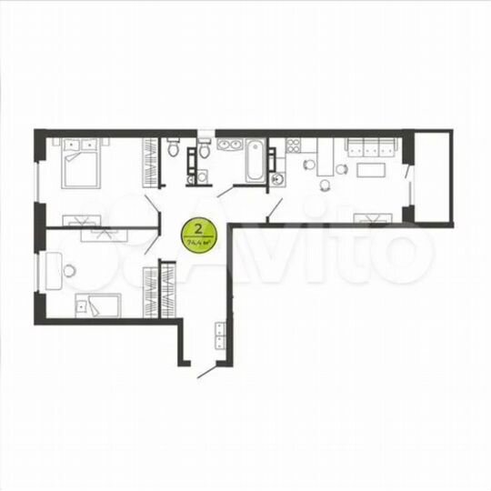 2-к. квартира, 74,4 м², 4/9 эт.