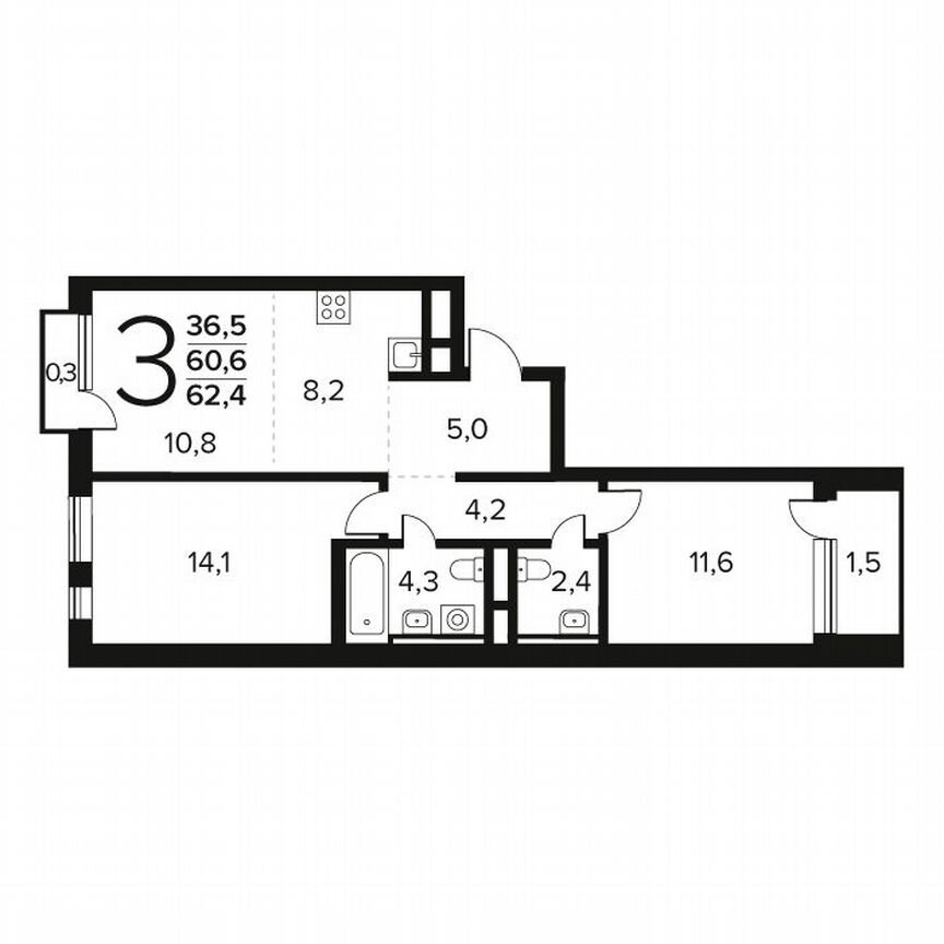 3-к. квартира, 62,4 м², 9/12 эт.