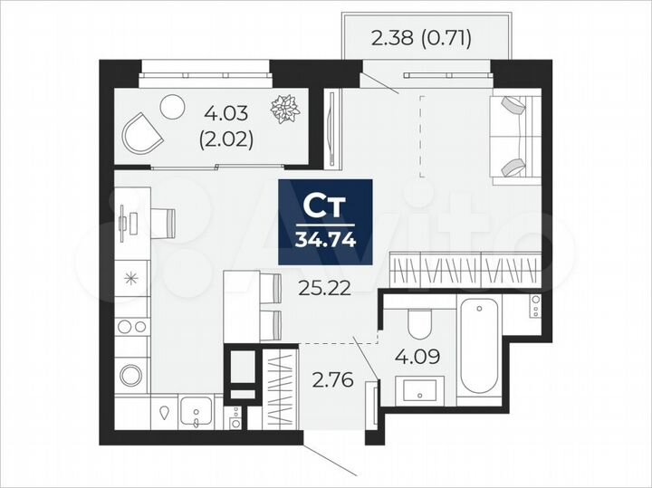 Квартира-студия, 34,7 м², 11/22 эт.