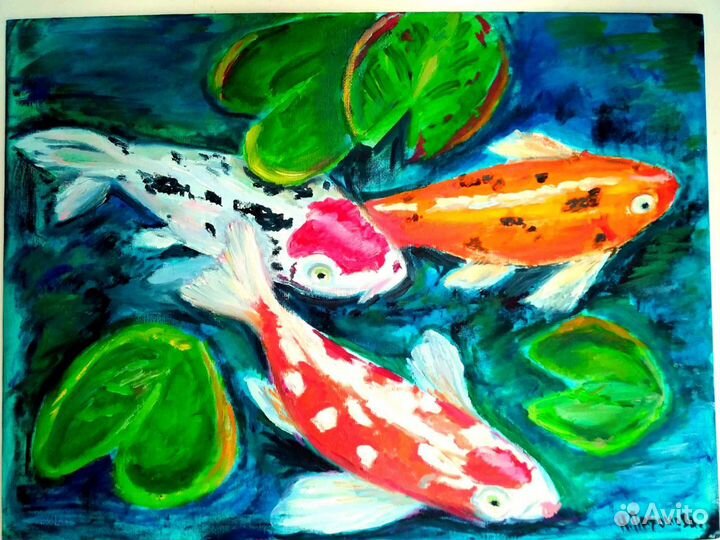 Картина с рыбами, холст на картоне, масло