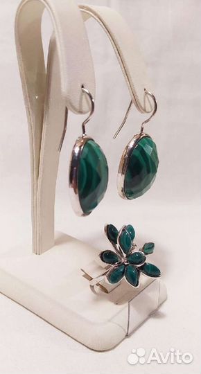 Серьги и кольцо с малахитом, 925(кт)