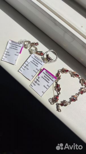 Серебро позолота комплект гранаты жемчуг перламутр