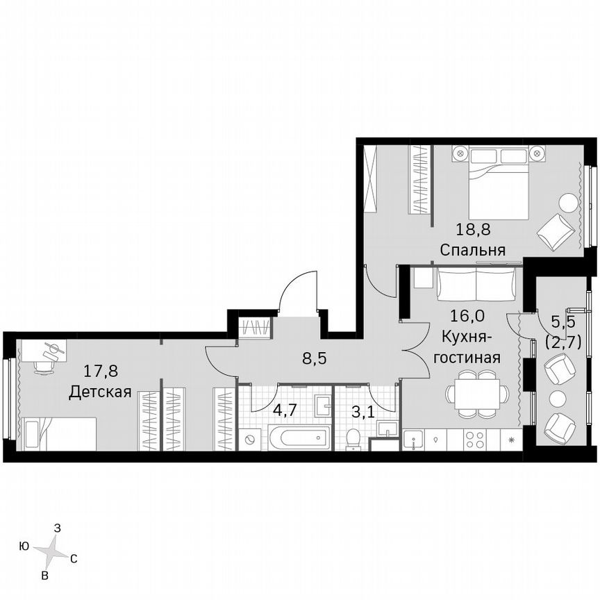 2-к. квартира, 71,6 м², 8/8 эт.