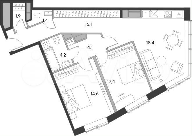 2-к. апартаменты, 73,2 м², 6/21 эт.