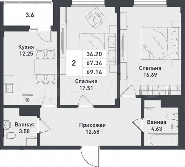 2-к. квартира, 69,1 м², 11/12 эт.
