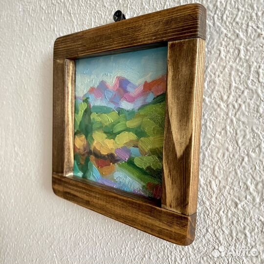 Горный пейзаж картина маслом миниатюра 13х13