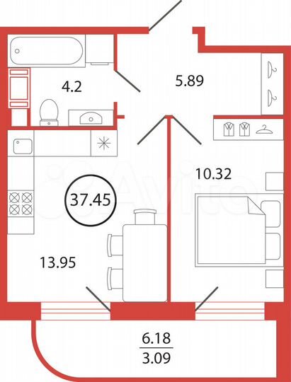 1-к. квартира, 37,5 м², 2/12 эт.