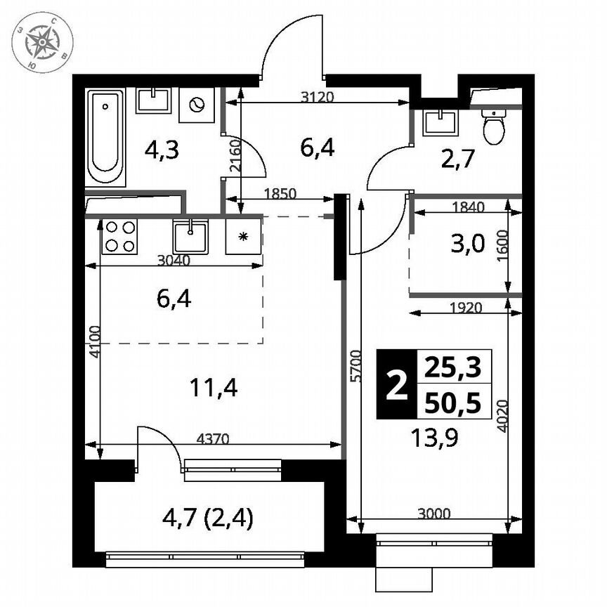 1-к. квартира, 50,5 м², 10/21 эт.