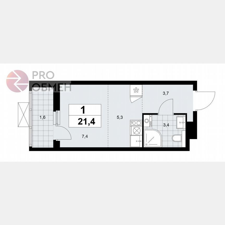 Квартира-студия, 21,4 м², 5/19 эт.