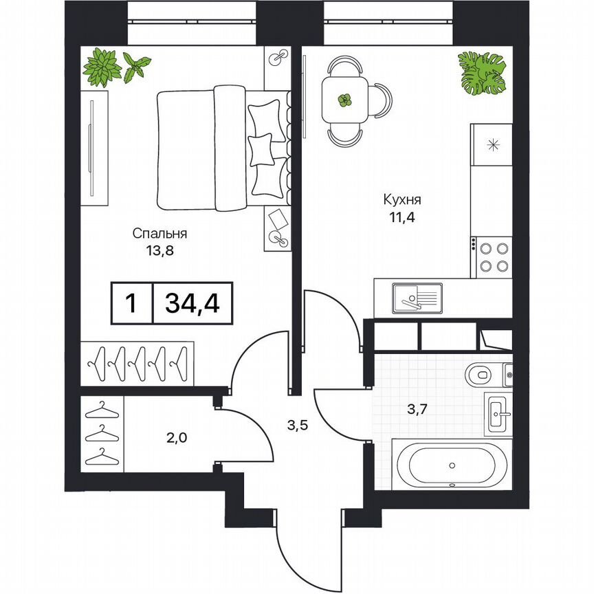 1-к. квартира, 34,4 м², 13/17 эт.