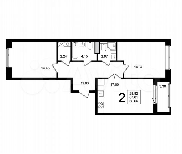 2-к. квартира, 68,7 м², 1/5 эт.