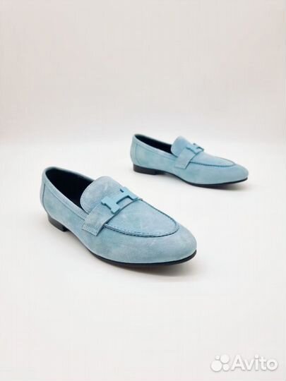 Женские лоферы Hermes голубые замшевые