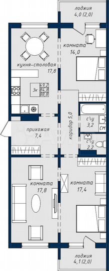 3-к. квартира, 89,6 м², 9/18 эт.